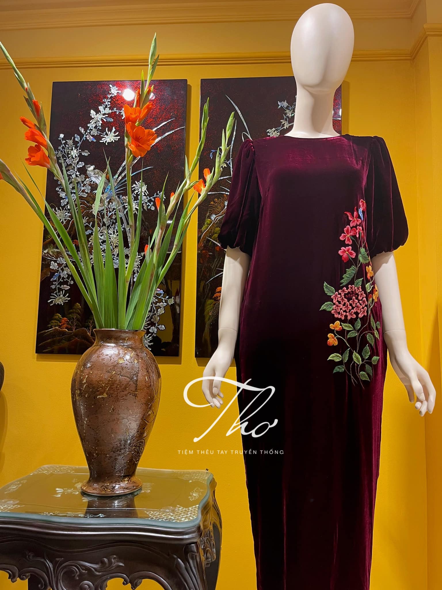 Váy nhung the thêu hoa ngực có tay | Shopee Việt Nam